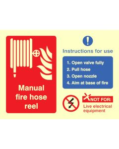 Manual Fire Hose Reel with Instructions for Use Sign | 200mm x 150mm | Photoluminescent S/A Vinyl