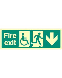 Disabled Fire Exit Sign with Arrow Down | 300mm x 100mm | Photoluminescent Rigid