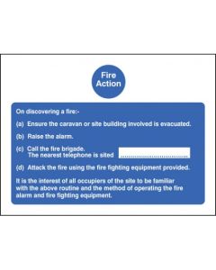 Fire Action Notice For Caravan Sites | 200mm x 150mm | Self Adhesive Vinyl