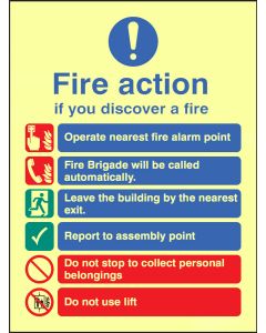 Fire Action Notice - Fire Brigade will be Called Automatically, Do Not Use Lift | 250mm x 300mm | Photoluminescent Rigid