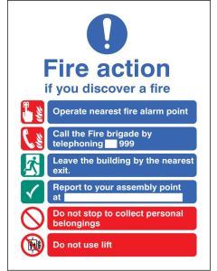 Fire Action Notice With Safety Symbols, Manual Fire Brigade Call 999 , Do Not Use Lift | 250mm x 300mm | Self Adhesive Vinyl