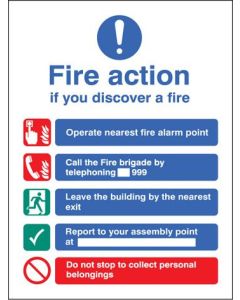 Fire Action Notice With Safety Symbols, Manual Fire Brigade Call 999 , No Lifts (A5) | 148mm x 210mm | Rigid Plastic