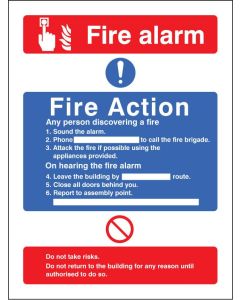 Fire Action Notice - Combining Alarm Call Point, Without Lift | 150mm x 200mm | Quick-Fix Rigid PVC with SAV Backing