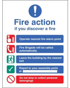 Fire Action Notice with Automatic Brigade Call, No Lifts | 250mm x 300mm | Rigid Plastic