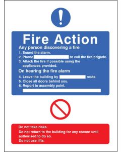 General Fire Action Notice, Do Not Use Lifts | 250mm x 300mm | Rigid Plastic