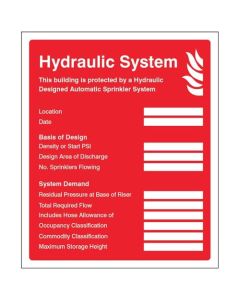 Hydraulic Sprinkler System ID Plate Sign | 250mm x 300mm | Self Adhesive Vinyl