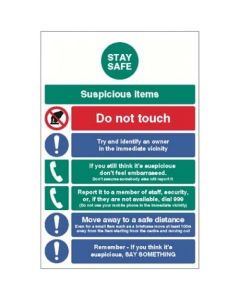 Stay Safe - Suspicious Items Information Signs | 250mm x 300mm | Self Adhesive Vinyl