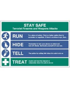 Stay Safe - Run, Hide, Tell, Treat Signs | 300mm x 250mm | Rigid Plastic