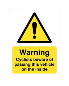 Cyclists Beware of Passing This Vehicle on the Inside | 150mm x 200mm | Self Adhesive Vinyl Sticker