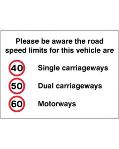 Please Be Aware the Road Speed Limits for this Vehicle Are 40, 50, 60mph | 200mm x 150mm | Self Adhesive Vinyl Sticker