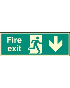 Fire Exit Arrow Down Sign with Running Man | 600mm x 200mm | Photoluminescent Rigid