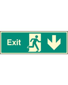 Exit Sign with Running Man and Arrow Down | 600mm x 200mm | Photoluminescent S/A Vinyl