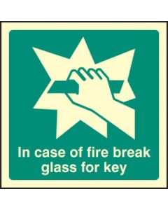 In Event of Fire Break Glass for Key Sign | 100mm x 100mm | Photoluminescent Rigid