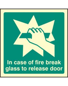 Break Glass to Release Door Sign | 100mm x 100mm | Photoluminescent Rigid