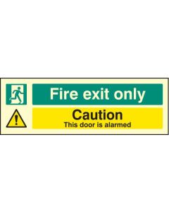 Fire Exit Only Caution This Door Is Alarmed Sign | 450mm x 150mm | Photoluminescent S/A Vinyl