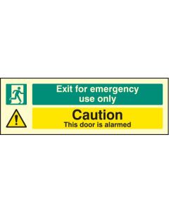 Exit For Emergency Use Only - Caution This Door Is Alarmed Sign | 450mm x 150mm | Photoluminescent S/A Vinyl