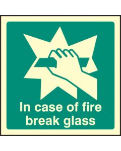 In Case of Fire Break Glass Sign | 100mm x 100mm | Photoluminescent Rigid