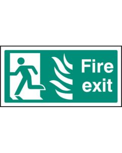 Fire Exit Left HTM Sign with Flames and Running Man | 400mm x 200mm | Rigid Plastic