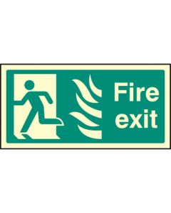 Fire Exit Left HTM Sign with Flames and Running Man | 300mm x 150mm | Photoluminescent Rigid