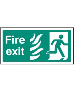 Fire Exit Right HTM Sign with Flames and Running Man | 400mm x 200mm | Rigid Plastic