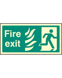 Fire Exit Right HTM Sign with Flames and Running Man | 300mm x 150mm | Photoluminescent Rigid