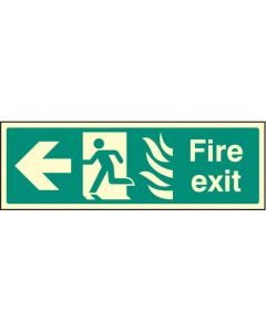 Fire Exit Arrow Left HTM Sign with Flames and Running Man | 300mm x 100mm | Photoluminescent Rigid