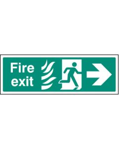 Fire Exit Arrow Right HTM Sign with Flames and Running Man | 300mm x 100mm | Rigid Plastic