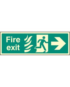 Fire Exit Arrow Right HTM Sign with Flames and Running Man | 300mm x 100mm | Photoluminescent Rigid