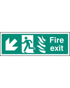 Fire Exit Arrow Down / Left HTM Sign with Flames and Running Man | 300mm x 100mm | Rigid Plastic