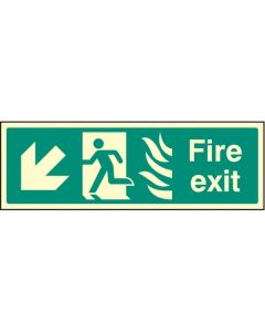 Fire Exit Arrow Down / Left HTM Sign with Flames and Running Man | 300mm x 100mm | Photoluminescent Rigid