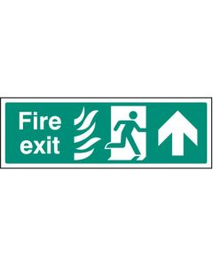 Fire Exit Arrow Up HTM Sign with Flames and Running Man | 300mm x 100mm | Rigid Plastic