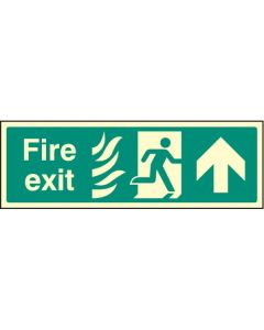 Fire Exit Arrow Up HTM Sign with Flames and Running Man | 300mm x 100mm | Photoluminescent Rigid