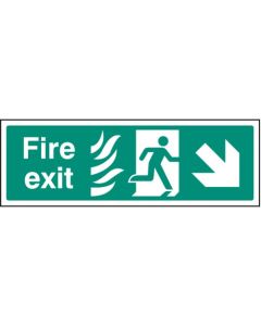 Fire Exit Arrow Down / Right HTM Sign with Flames and Running Man | 300mm x 100mm | Rigid Plastic