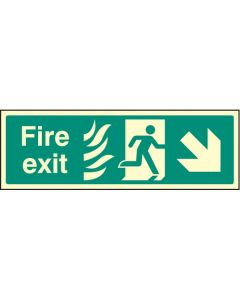 Fire Exit Arrow Down / Right HTM Sign with Flames and Running Man | 300mm x 100mm | Photoluminescent Rigid