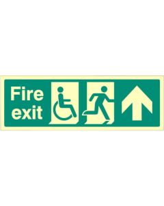 Disabled Fire Exit Sign with Arrow Ahead | 300mm x 100mm| Photoluminescent Rigid