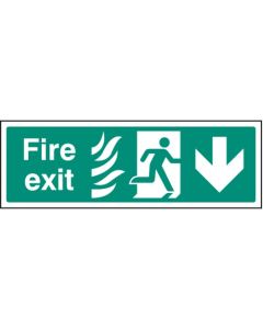 Fire Exit Arrow Down HTM Sign with Flames and Running Man | 300mm x 100mm | Rigid Plastic