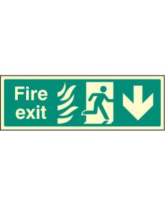 Fire Exit Arrow Down HTM Sign with Flames and Running Man | 300mm x 100mm | Photoluminescent Rigid