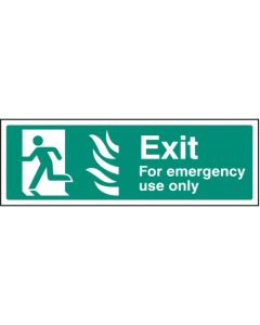 Exit For Emergency Use Only HTM Sign with Flames and Running Man Left | 300mm x 100mm | Rigid Plastic