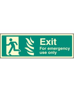 Exit For Emergency Use Only HTM Sign with Flames and Running Man Left | 300mm x 100mm | Photoluminescent Rigid