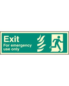 Exit For Emergency Use Only HTM Sign with Flames and Running Man Right | 300mm x 100mm | Photoluminescent Rigid