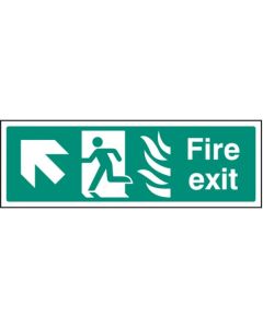 Fire Exit Arrow Up / Left HTM Sign with Flames and Running Man | 300mm x 100mm | Rigid Plastic