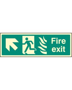 Fire Exit Arrow Up / Left HTM Sign with Flames and Running Man | 300mm x 100mm | Photoluminescent Rigid