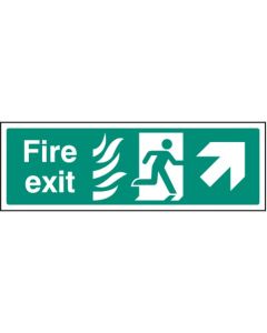 Fire Exit Arrow Up / Right HTM Sign with Flames and Running Man | 300mm x 100mm | Rigid Plastic