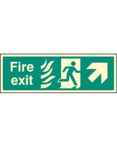 Fire Exit Arrow Up / Right HTM Sign with Flames and Running Man | 300mm x 100mm | Photoluminescent Rigid