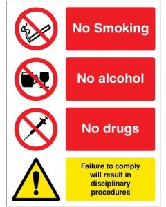 No Smoking, No Alcohol, No Drugs Sign | 150mm x 200mm | Rigid Plastic