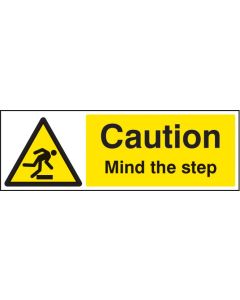 Caution Mind The Step Sign | 600mm x 200mm | Self Adhesive Vinyl