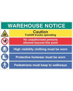 Warehouse Notice - Caution Forklift Trucks - PPE Must Be Worn etc | 900mm x 600mm | Rigid Plastic