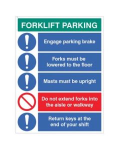 Forklift Parking - Engage Brakes - Lower Forks - Return Keys etc | 450mm x 600mm | Rigid Plastic