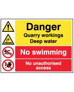 Danger Quarry Workings Deep Water - No Swimming - No Unauthorised Access Signs | 600mm x 450mm | Rigid Plastic