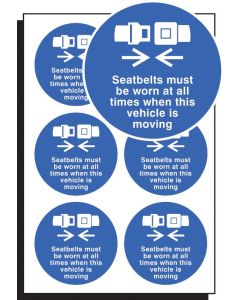 Seatbelts Must be Worn at All Times When Vehicle is Moving - Sheet of 6 Labels | 65mm Diameter | Self Adhesive Vinyl